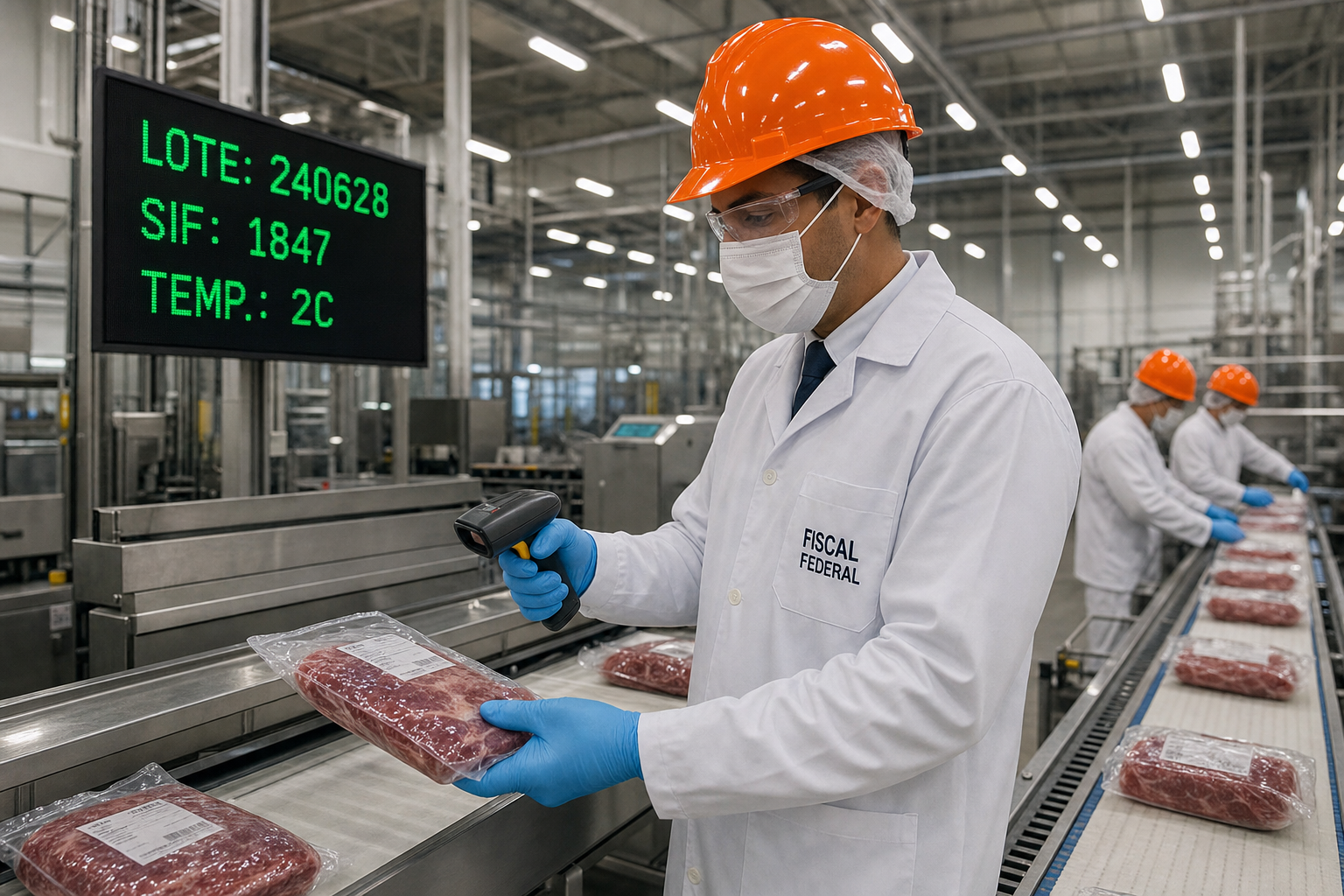 Liittovaltion elintarviketarkastaja valkoisessa hygieniatakissa ja oranssissa kypärässä skannaa tyhjiöpakattu paketti ruostumattomasta teräksestä tehdyn kuljettimen päällä modernissa brasilialaisessa elintarvikkeen jalostuslaitoksessa, taustalla näkyvän eräjäljitettävyyden näyttötaulun kanssa.