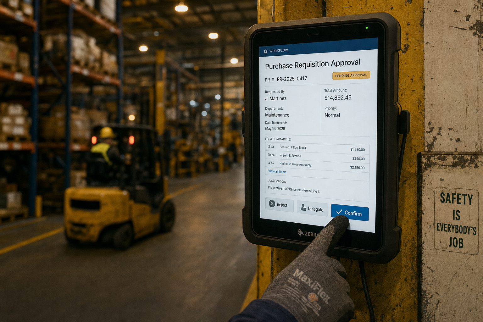 Virtaakaavio näyttää sekavan, sotkuisen manuaalisen hyväksyntäprosessin toisella puolella, joka muuttuu toisella puolella selkeäksi ja virtaviivaiseksi automaattiseksi työnkuluksi, edusten ostohyväksyntäongelmien ratkaisua.